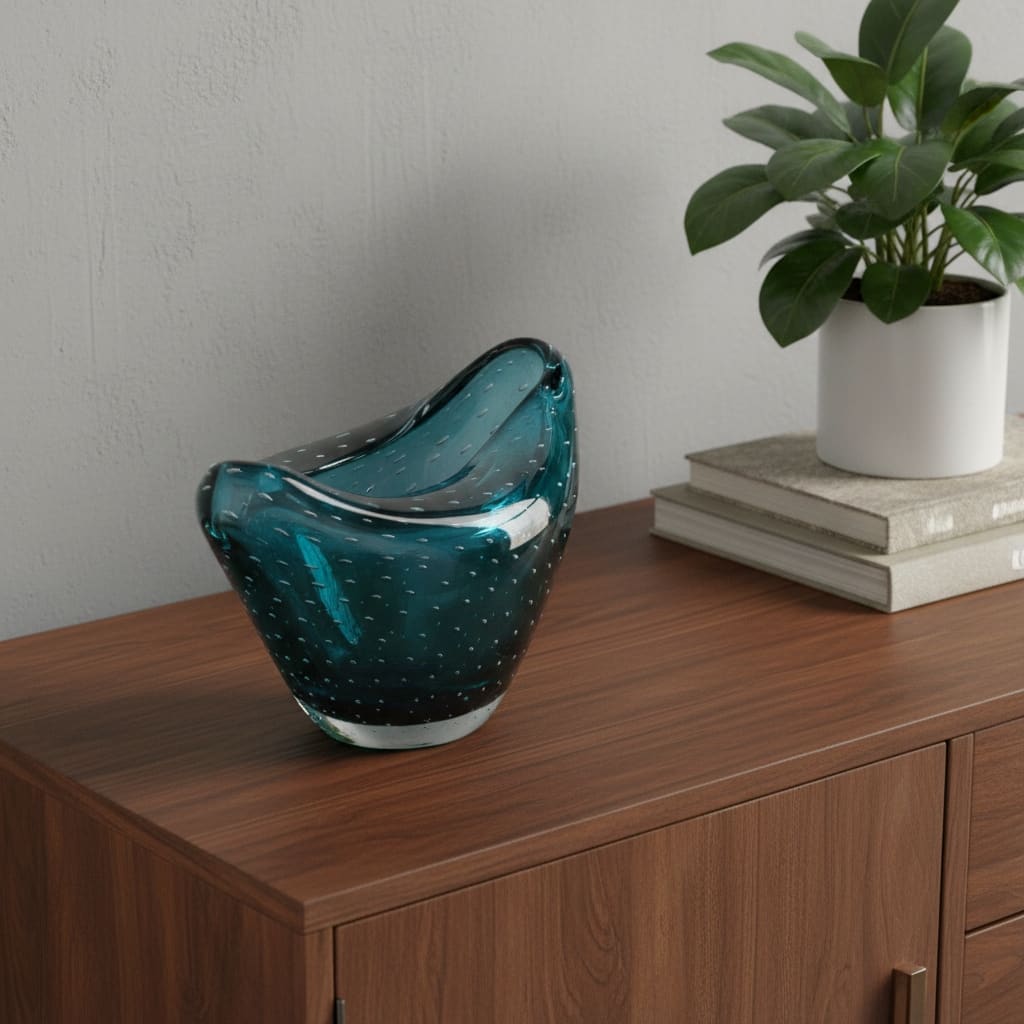 HomeRoots 11" Turquoise Glass Wavy Edge Oval Centerpiece Bowl - 11.40 in. x 7.10 in. x 7.70 in.