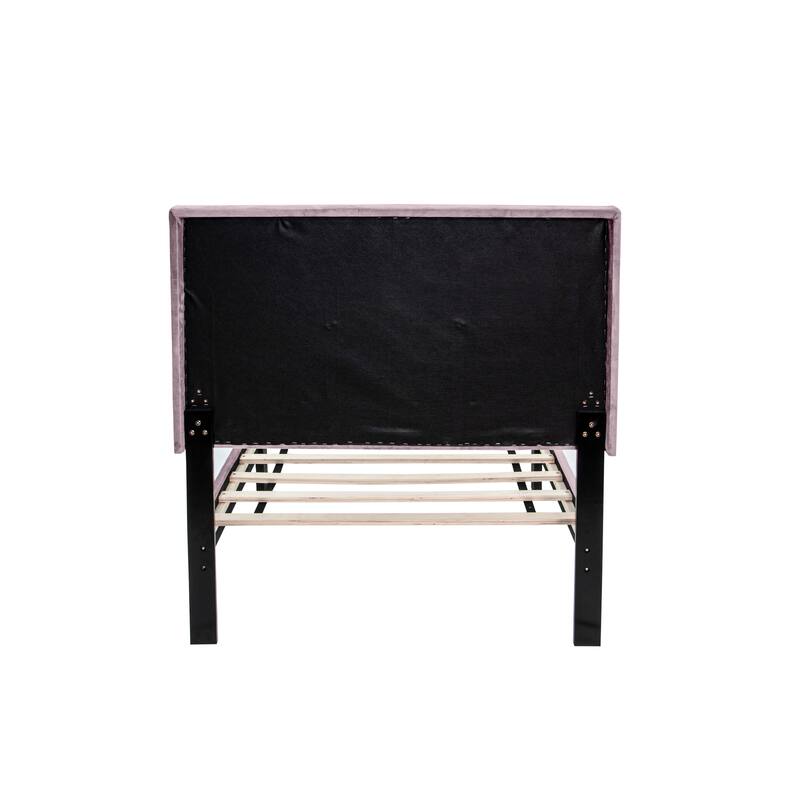 Adjustable Headboard Twin Bed with Velvet Upholstery and 12-Slat Support System