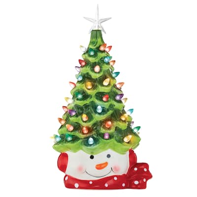 Ceramic Lighted Snowman Christmas Tree Decoration - 15.500 x 9.200 x 8.800