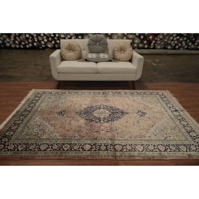 Hand Knotted Oriental Silk Carpet Traditional Floral Peach Kashmir Area Rug - 8' 0'' X 5' 8''