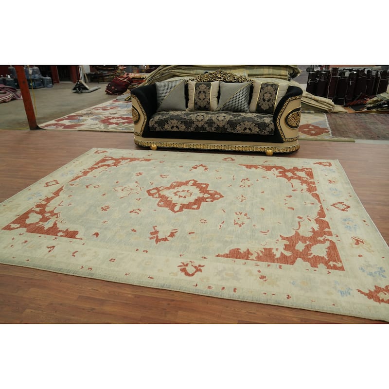 Vegetable Dye Wool Oushak Turkish Area Rug, Floral Geometric Carpet - 11' 8'' X 9' 3''