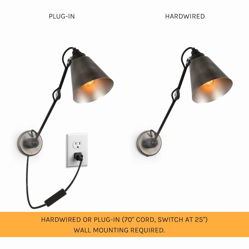 Set of 2 Modern Farmhouse Plug-in Swing Arm Wall Lamp Adjustable Bathroom Sconces - Brushed Antique Silver - L 28"xW 6"xH 8"