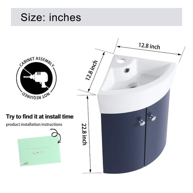 Malwee 13" Corner Floating Bathroom Vanity, Mini Wall Mounted Bathroom Vanity with Ceramic Sink,Soft Close Door and Shelf