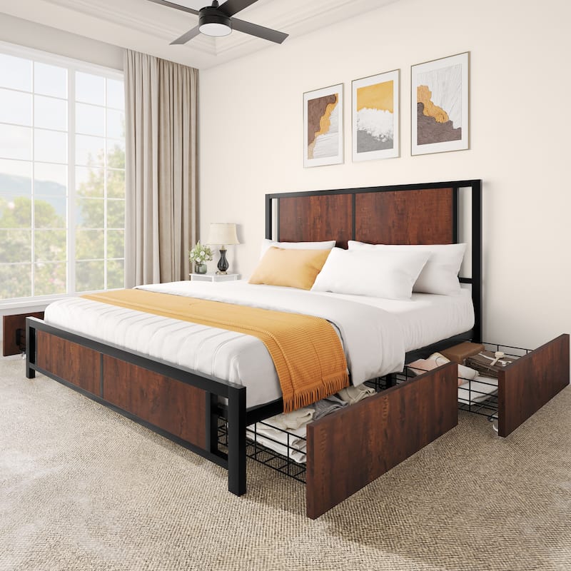 Queen Vintage Wood and Metal Headboard Platform Bed