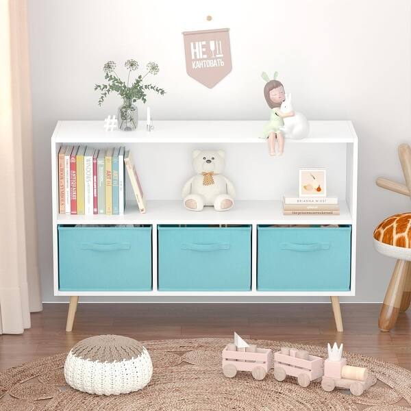 slide 2 of 8, LSI Kids Bookcase with Fabric Drawers - White/Blue Toy & Book Organizer White/Blue