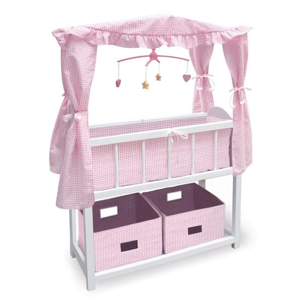 slide 2 of 10, Badger Basket Canopy Doll Crib with Baskets, Bedding, and Mobile - White/Pink - 24" x 12" x 31"