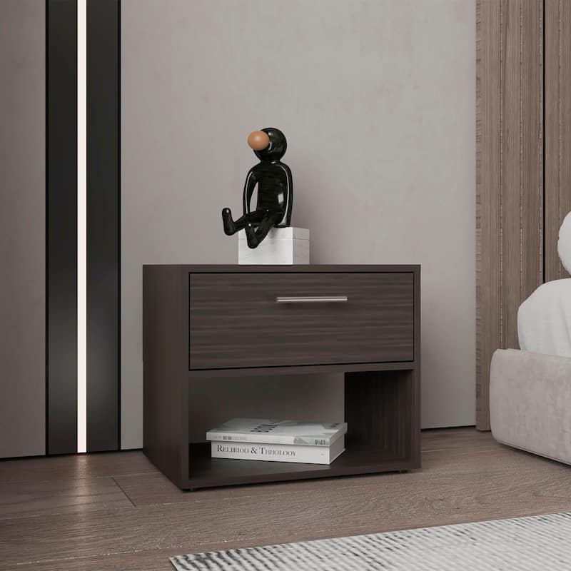 Compact Dark Walnut Nightstand with Drawer and Open Shelf - Dark Walnut