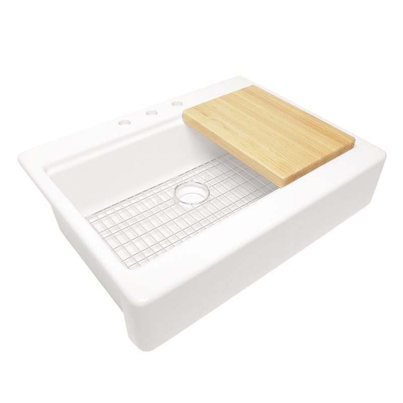 Parker Crisp White Fireclay 34" Single Bowl Quick-Fit Apron-Front Drop-In Workstation Kitchen Sink