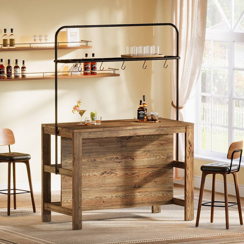 Solid Wood Bar Table 47" Counter Height Pub Table with Storage