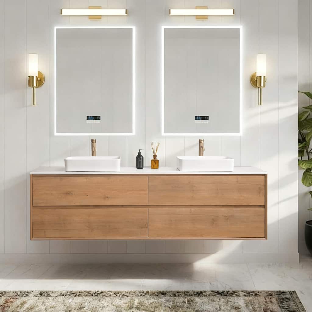 Sylphar 84 inch Toffee Oak Floating Bathroom Vanity with White Quartz Top