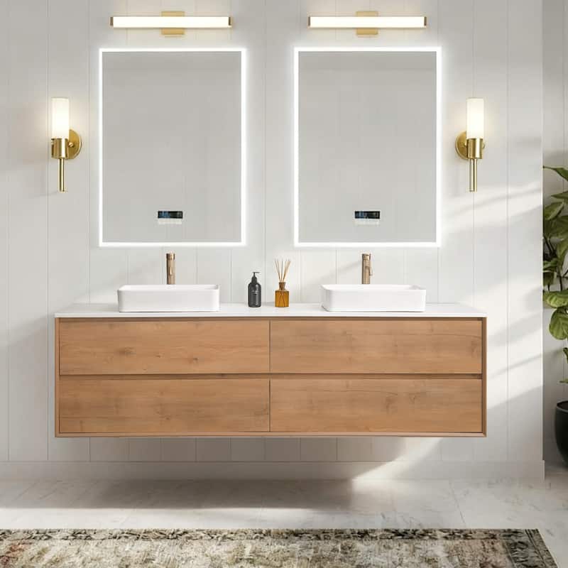 Sylphar 84 inch Toffee Oak Floating Bathroom Vanity with White Quartz Top