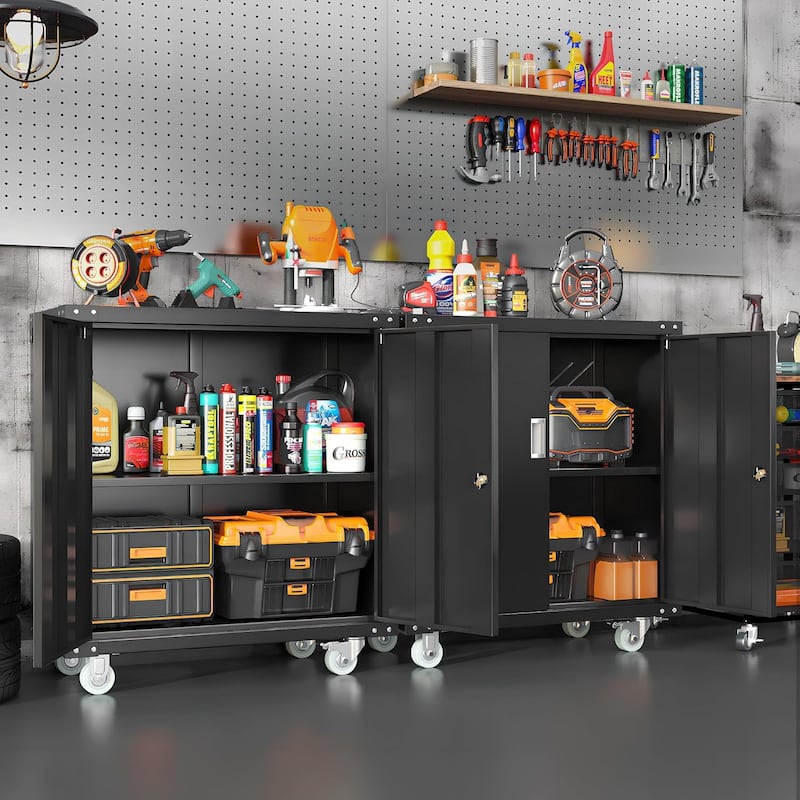 75 inch Metal Garage Storage Rolling Tool Cabinet with Locking Doors and Adjustable Shelves