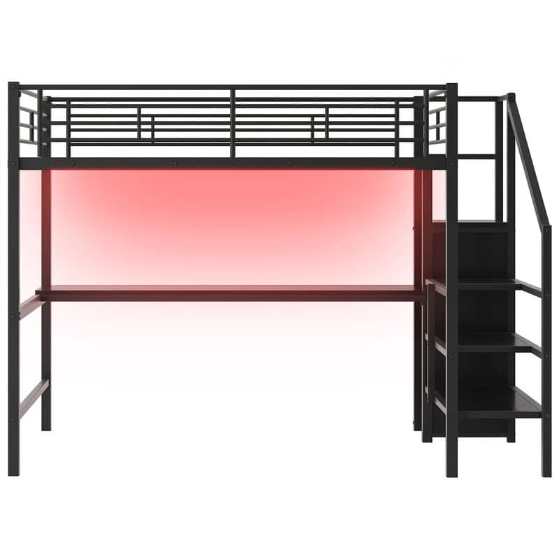 Full Size Metal Loft Bed with Desk, Storage Staircase, Small Wardrobe and LED Light,Black