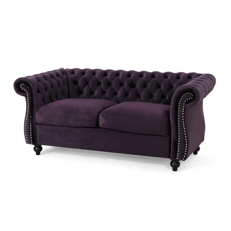 Elegant Chesterfield Loveseat Sofa with Velvet Upholstery, Nailhead Accents, and Rolled Armrests, for Living Room Bedroom