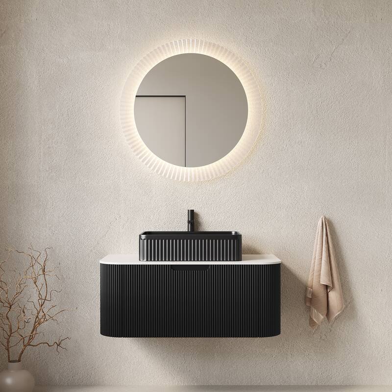 36" Bathroom Vanity Sink, Floating Curved Edges Striped Bathroom Storage Cabinet with Drawer, Rectangular Ceramic Basin Carrara - Black,Carrara White