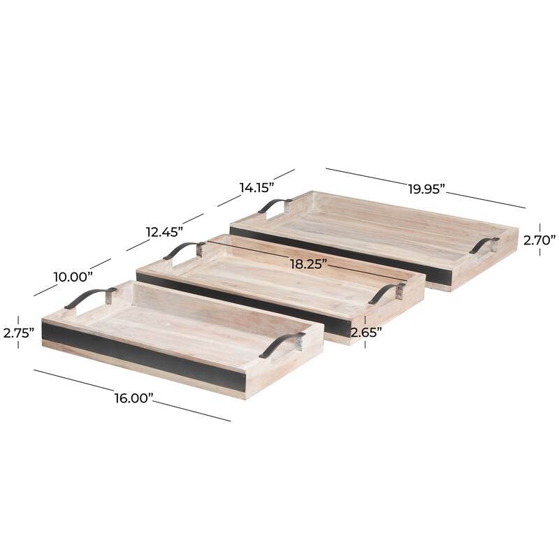 Mango Wood Tray with Sleek Black Metal Handles (Set of 3) - Brown or Cream