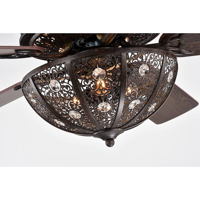 Milly Antique Bronze 52-Inch 5-Blade Flower Pattern Metal/Crystal Lighted Ceiling Fan