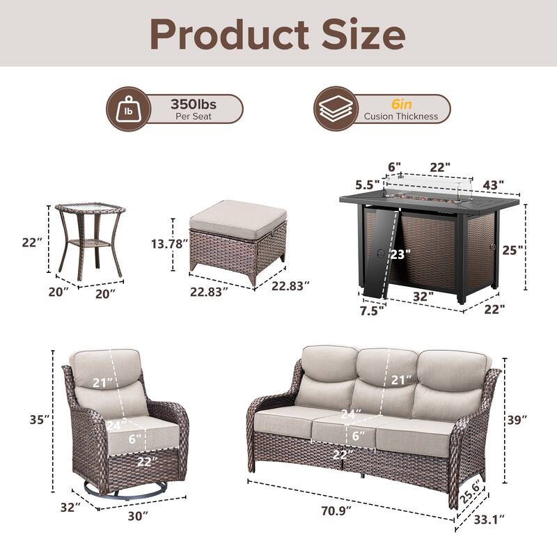 Gymojoy 9-Piece Wicker Patio Furniture Sofa Set with Fire Pit Table, 6-Inch Thick Cushion Swivel Glider Chairs & Ottomans