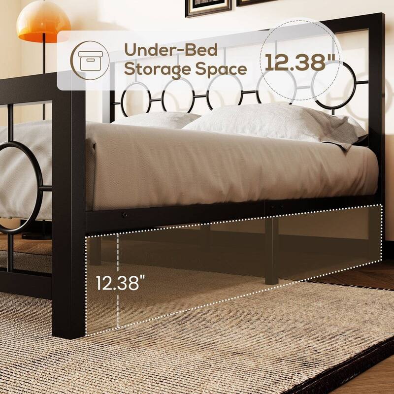 Art Deco Metal Platform Bed Frame with Openwork Headboard and Footboard Modern Iron Slat Support
