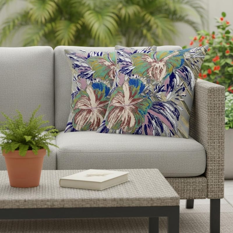 HomeRoots Set of Two 16" X 16" Green and White Blown Seam Floral Indoor Outdoor Throw Pillow - 16.00' X '16.00' X '5.00 - Green/White - 16.00' X '16.00' X '5.00