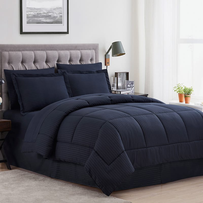 Soft Dobby 8-piece Striped Down Alternative Bed-in-a-Bag Set w/ Sheets - Navy - Queen