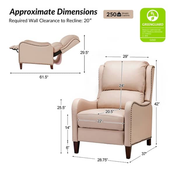 dimension image slide 15 of 19, HULALA HOME Brigida Cigar Genuine Leather Manual Recliner with Nailhead Trim