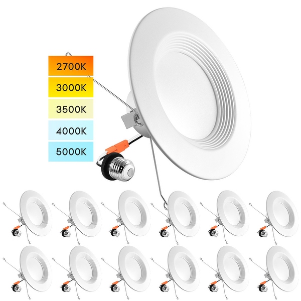 Luxrite 5 6 inch LED Recessed Retrofit Downlight 14W 90W 5 Color Selectable Dimmable 1100 Lumens Wet Rated Baffle Trim 12 Pack