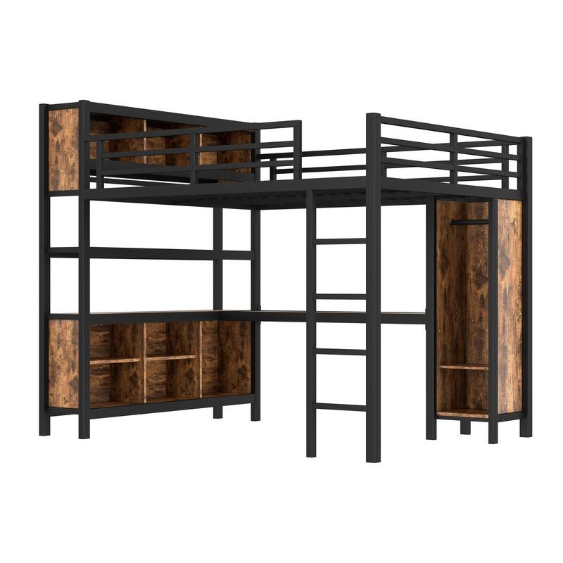 Queen Size Heavy Duty Metal Loft Bed with Wardrobe & L-shaped Desk, Multi-functional Storage Bed Frame with Cubes & Shelves