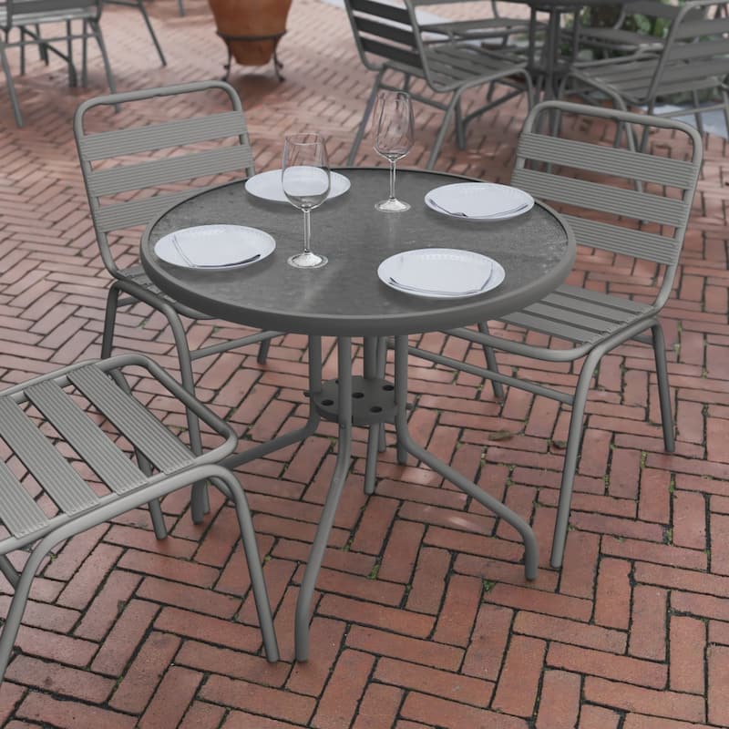 31.5" Round Tempered Glass Metal Table with Smooth Ripple Design Top