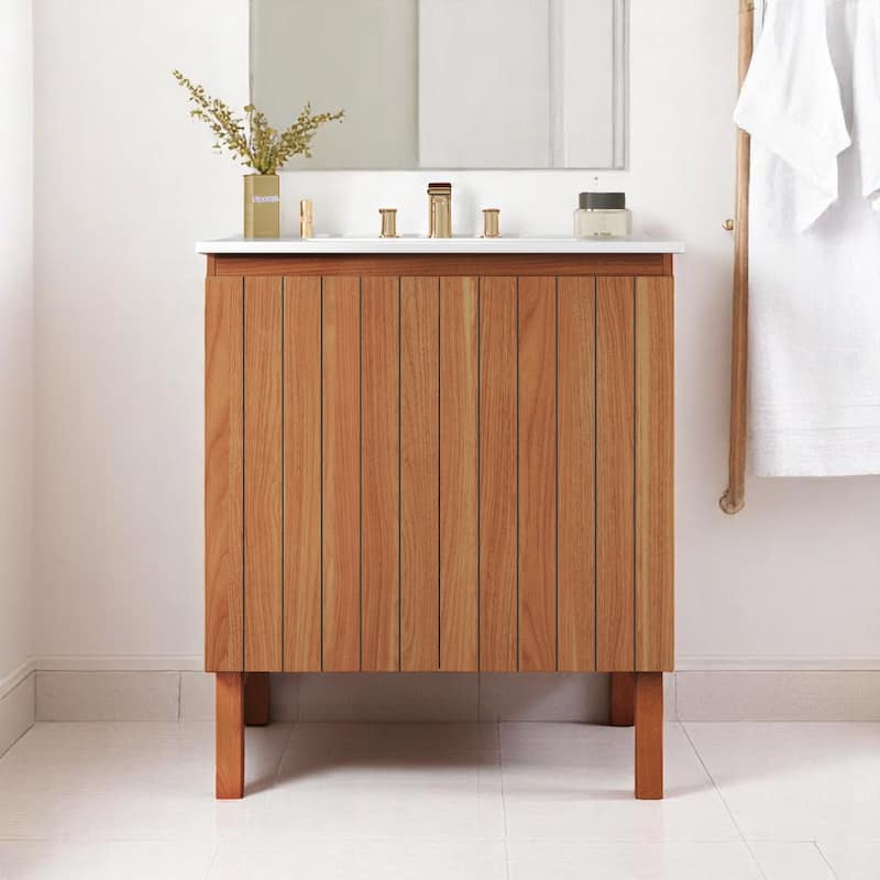 30" Natural Wood Bathroom Vanity with Integrated Sink, 45-Degree Handle-Free Doors, Large Storage & Soft-Close Hinges - Natural