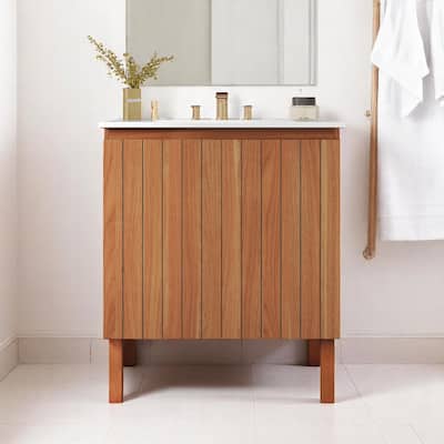 30" Natural Wood Bathroom Vanity with Integrated Sink, 45-Degree Handle-Free Doors, Large Storage & Soft-Close Hinges