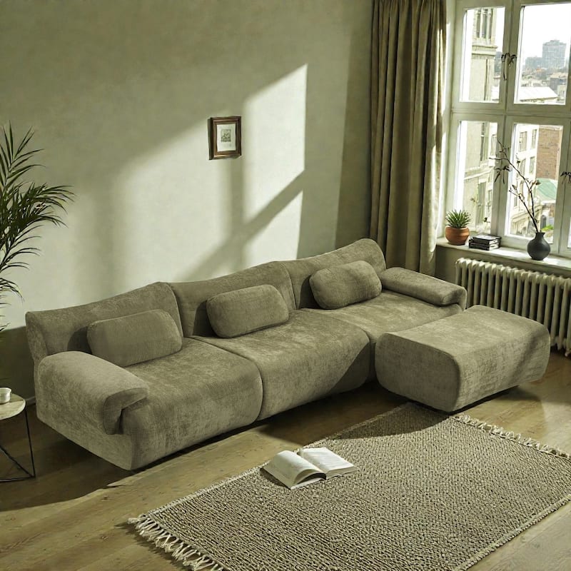 Modular Chenille Sofa Set with Armchair, Extra Large Deep Seat 3 Seater Compression Couch with Pillows