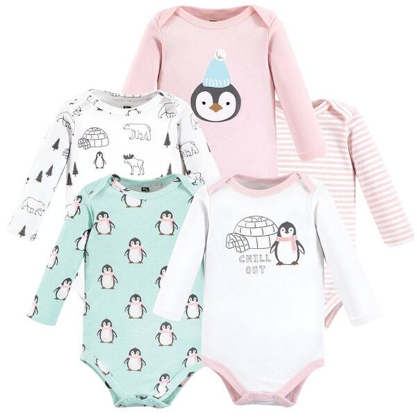 slide 1 of 1, Hudson Baby Infant Girls Cotton Long-Sleeve Bodysuits, Girl Penguin 0-3 Months - Girl Penguin