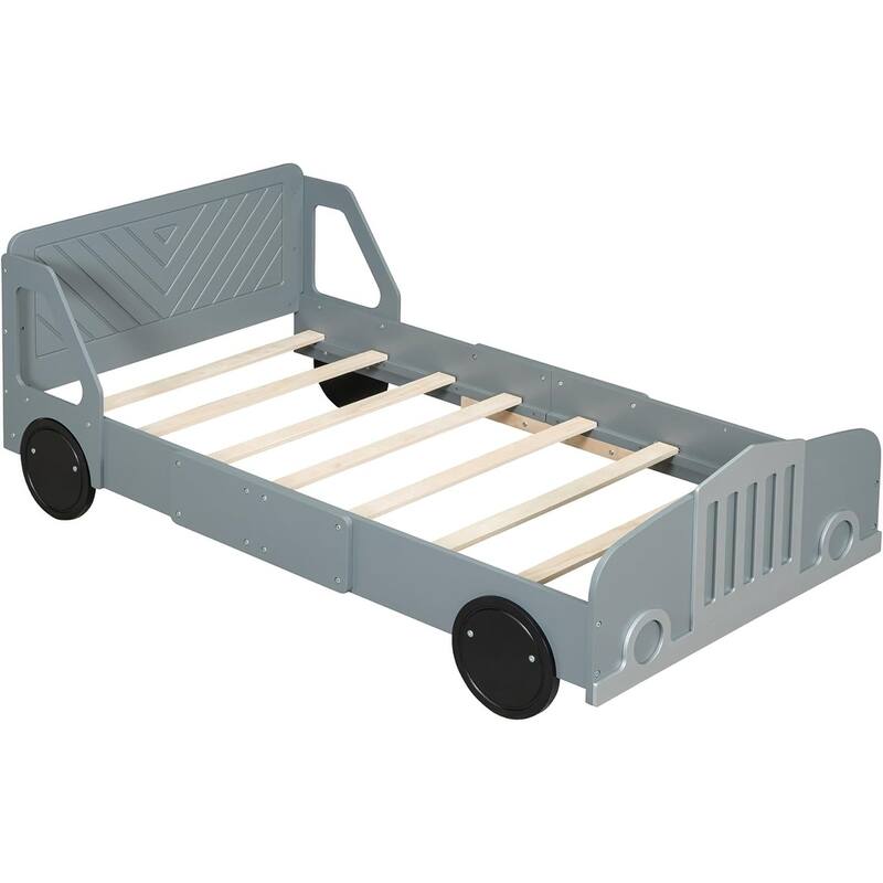 Twin/Full Car Bed for Kids, Car Shaped Platform Bed with Wheels, Headboard and Footboard, Toddler Car Bed Slat Support