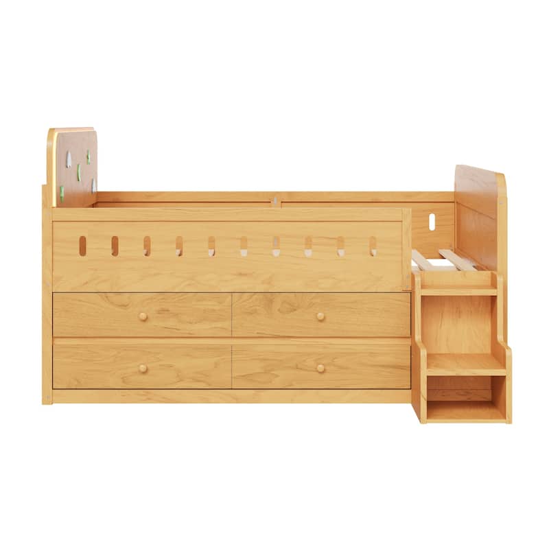 Wooden Full Size Bed Frame with Fun Headboard Built-in LED Light and Pull-out Storage Drawers, Staircase