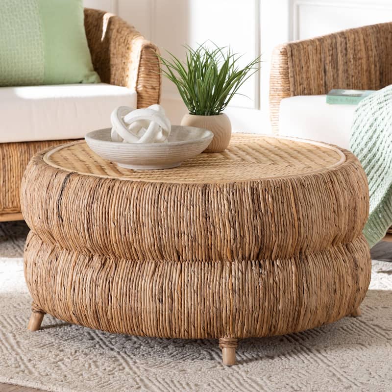 Roma Rattan and Seagrass Coffee Table - Low Profile Boho Accent Table with Textured Design and Natural Finish