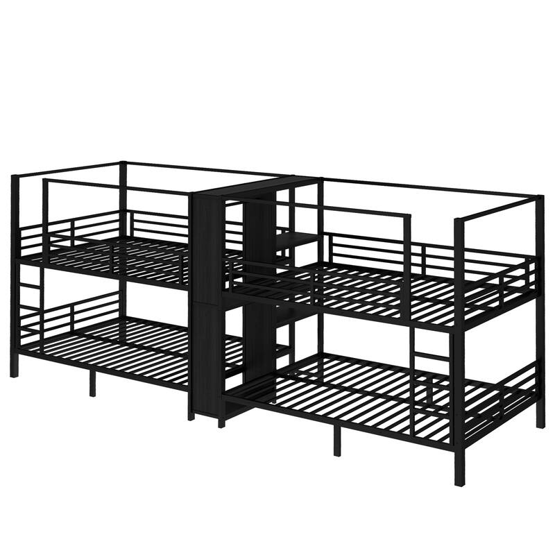 Quadruple Metal Bunk Bed with Built-in Storage Shelves & Wardrobe, Sturdy Black Frame, Space-Saving Design
