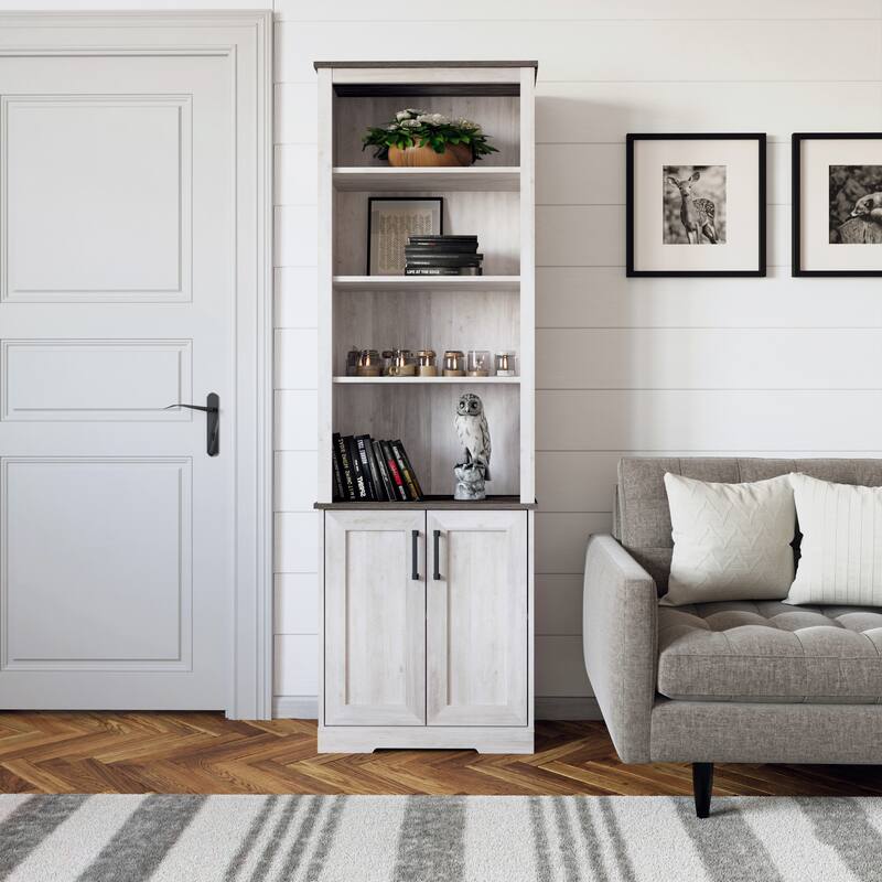 Prepac Rustic Ridge 79.75" H Bookcase, Tall Bookshelf with 4 Shelves and 2 Doors, Accent Bookshelf for Living Room, Home Office