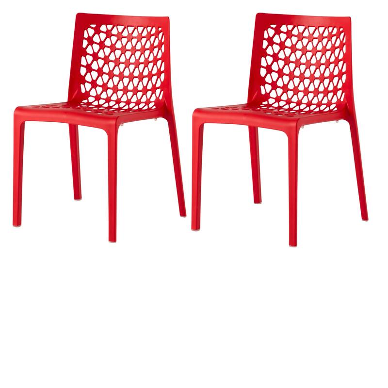 HomeRoots Set of Two Red Heavy Duty Plastic Outdoor Stacking Dining Chairs