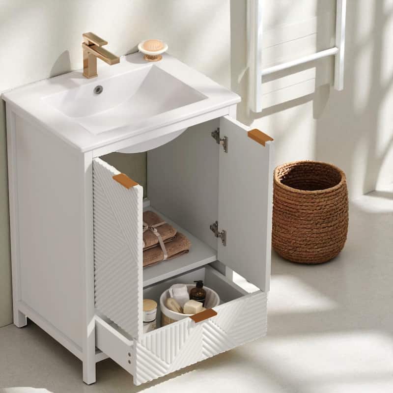 24" Bathroom Vanity with Ceramic Sink, Single Faucet Hole, Drawer Storage, Soft Close Doors and Textured Panels