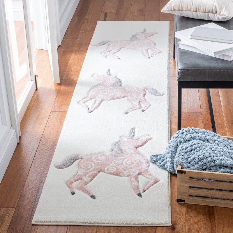 SAFAVIEH, Carousel Kids Mareke Unicorn Rug - 2' x 8' Runner - Ivory/Pink