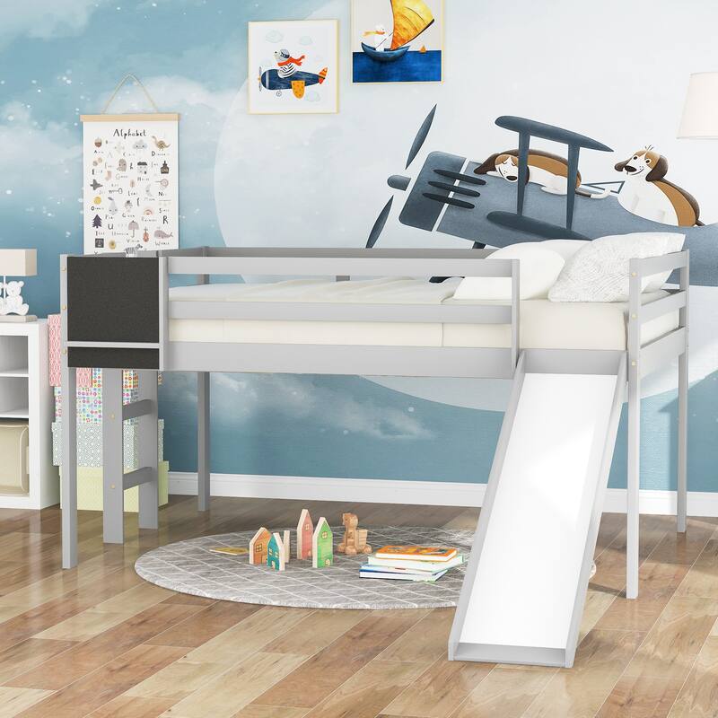 Childrens Loft Bed with Slide&Chalkboard Solid Wood Full Loft Bed with
