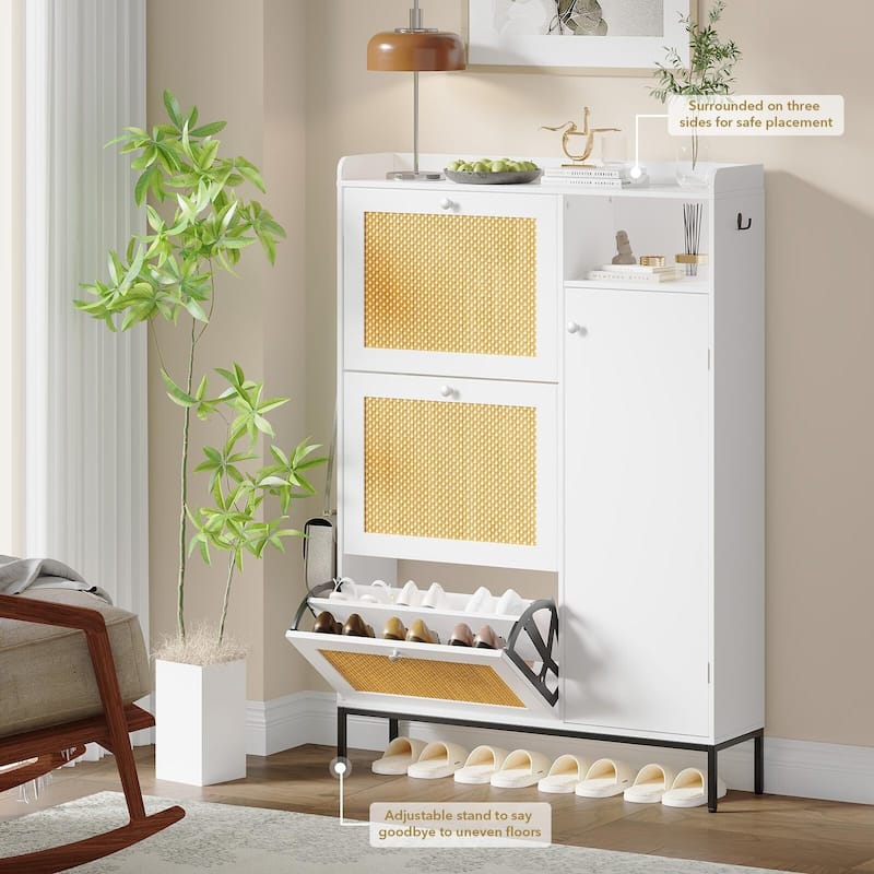 3-Tier Shoe Storage Cabinet with Rattan Doors and Adjustable Compartments