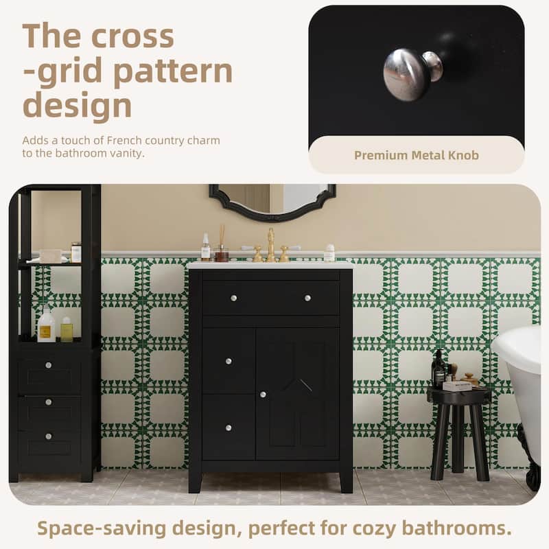 24" Modern Bathroom Vanity with Ceramic Basin - Restroom Sink Cabinet with 2 Drawers
