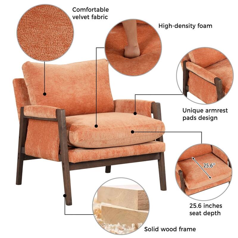Mid-Century Velvet Living Room Accent Leisure Armchair with Solid Wood