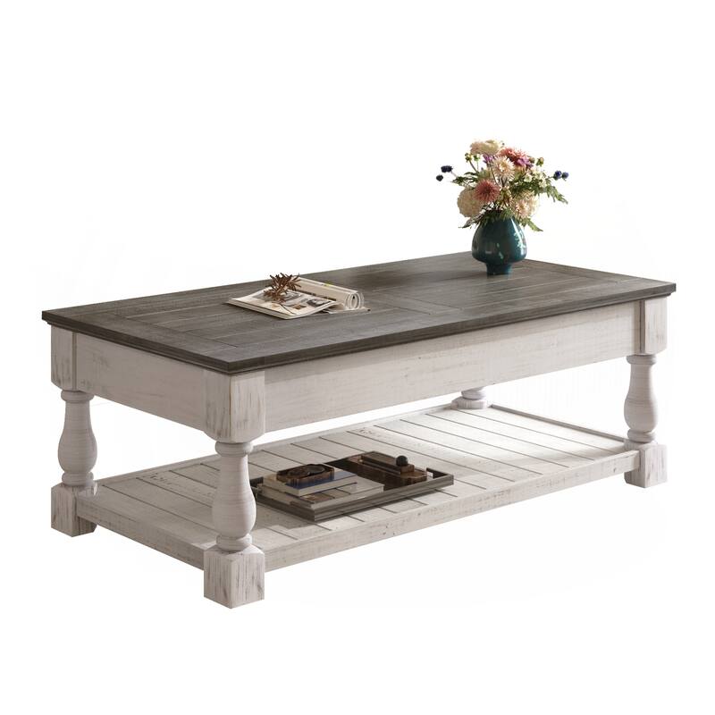 Farmhouse Lift Top Coffee Table with Fixed Shelf - 3 Hidden Storage Trays