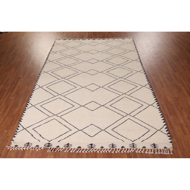 Trellis Geometric Ivory Moroccan Area Rug Handmade Wool Carpet - 7'11"x 10'9"