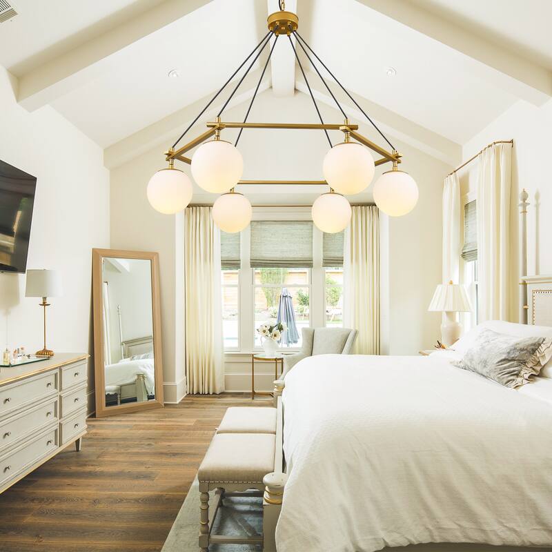 6-Light Black Wagon Wheel Chandelier, Hexagonal Dining Room Pendant Light with White Glass Shade