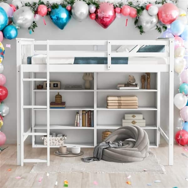 slide 2 of 12, Twin Loft Kids Bed with 8-Open Storage Shelves and Built-in Ladder, Space-Saving Design for Bedroom, Easy to Assemble, White White