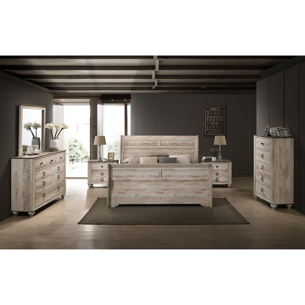 Imerland Contemporary White Wash Finish Bedroom Set with Queen Sleigh Bed, Dresser, Mirror, Two Nightstands, Chest